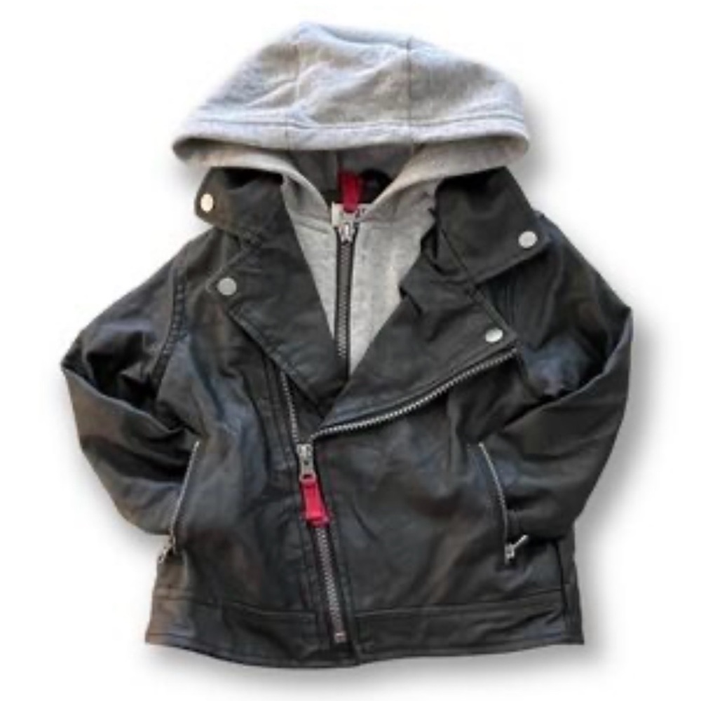 Oshkosh Genuine Black Faux Leather Jacket with Gray Hood